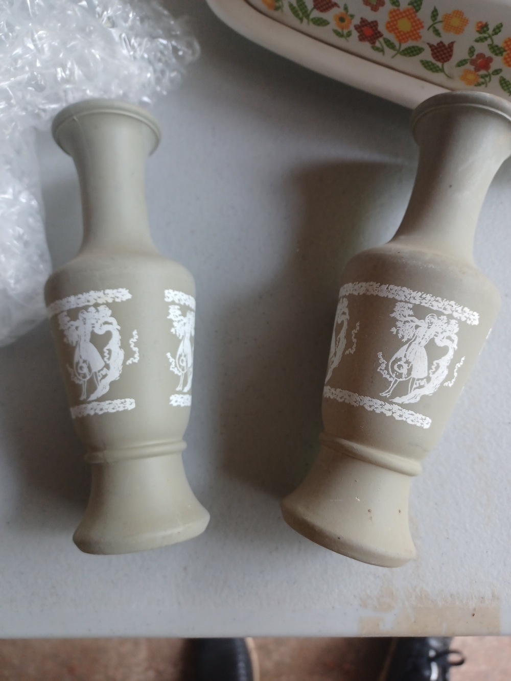 Beige Decorative Ceramic Vases with White Classical Motif - Pair